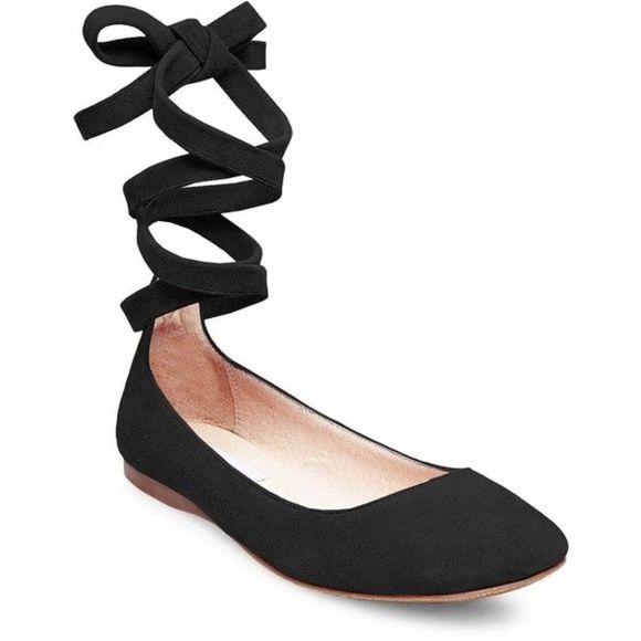 (SOLD) STEVE MADDEN Black Suede Slip On Ballet Flat Shoes With Ankle Ties 7.5 - Picture 2 of 10